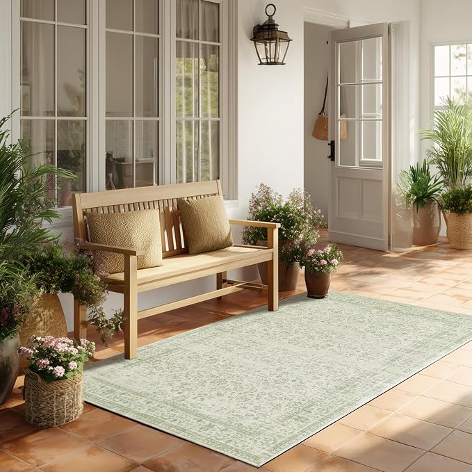 Boho Font Door Mat for Indoor Entrance Washable Non Slip Vintage Floral Aesthetic 3x5 Area Rugs for Entryway Entry,Sage Green