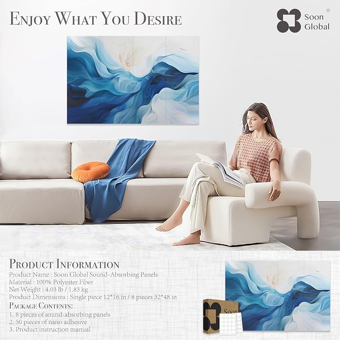 Soon Global 8-Pack Acoustic Panels, Soundproof Wall Panels, 48 X 32 Inches Sound Absorbing Panels, Decorative Acoustical Wall Panels, Acoustic Treatment for Recording Studio, Harmony in Azure
