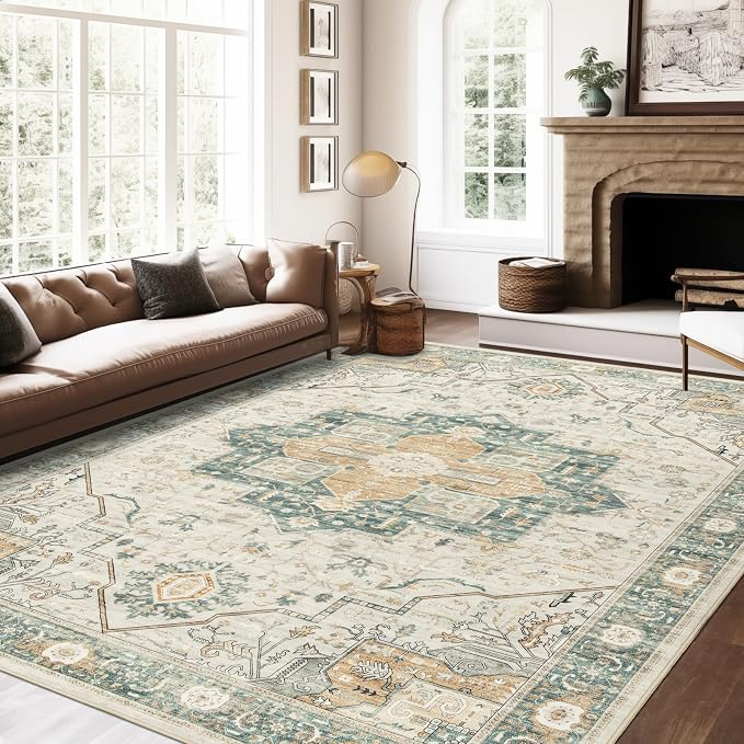 Roxstand 6x9 Washable Area Rug, Low Pile Non Slip Rug, Green/Grey | Large Area Rug, Non-slip Backing, Super-Soft Floral Vintage, Low Pile, For Living Room, Bedroom, Dining Room, Office