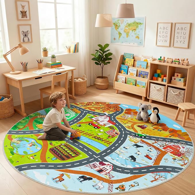 Kids Car Rug Play Mat for Toy Cars, Round 47" Town Country Barn Track Four Seasons Farm Traffic Carpet, Non-Slip Washable Area Rug for Kids Room Bedroom Play Area, Fun Learning Rugs for Children