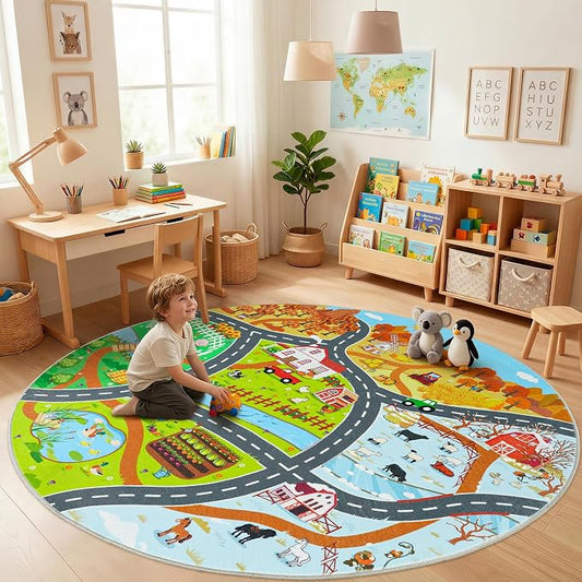 Kids Car Rug Play Mat for Toy Cars, Round 47" Town Country Barn Track Four Seasons Farm Traffic Carpet, Non-Slip Washable Area Rug for Kids Room Bedroom Play Area, Fun Learning Rugs for Children
