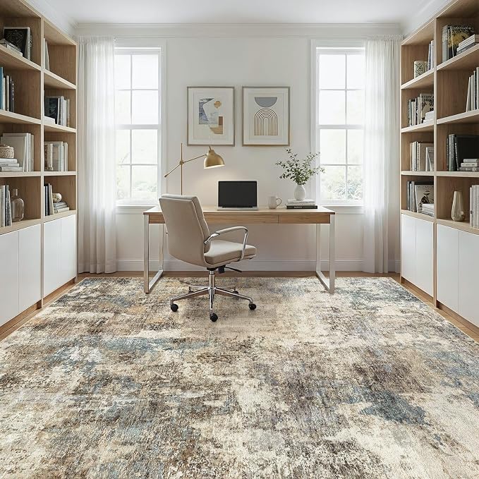 WITSHOCK Area Rugs 7x9 Living Room Rug - Washable Neutral Soft Low Pile Non-Slip Modern Abstract Thin Large Indoor Carpet for Bedroom Dining Room Nursery Office - Brown/Teal/Blue