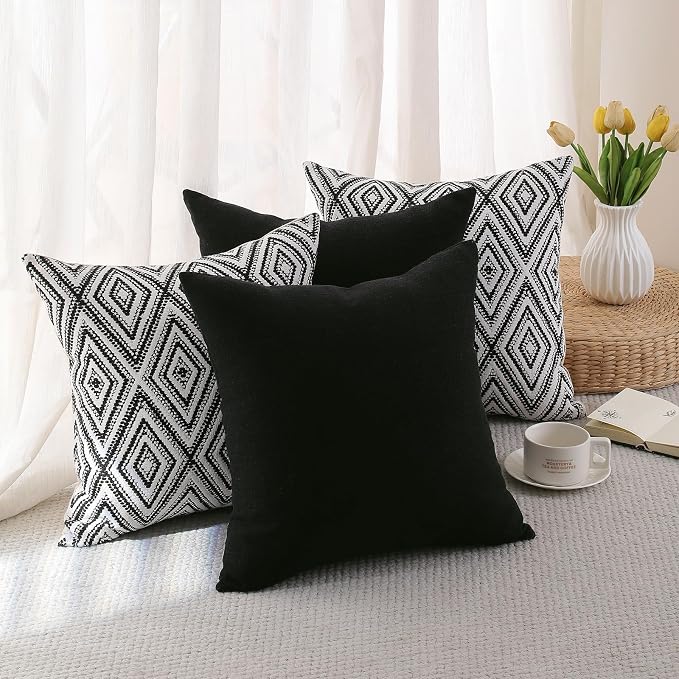 HPUK Throw Pillow Covers 20x20 Inch Set of 4, Linen Decorative Pillow Covers, Accent Cushion Covers for Couch Sofa Bed Bedroom Living Room Décor, Black