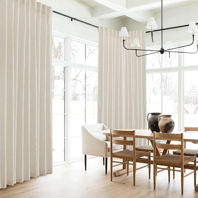 RYB HOME 108 inches Long Farmhouse Boho Curtains, Semi Sheer Thick Linen Light Filtering Floor to Ceiling Curtains for Living Room Glass Door Window, Natural Beige, 2 Panels