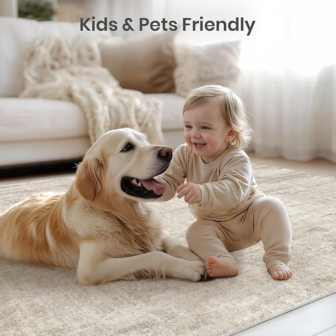 Valenrug Washable Rug 9x12 - Stain Resistant 9x12 Area Rugs for Living Room, Non Slip Backing Printed Rugs for Bedroom, Folable Machine Washable Area Rug(Beige,9'x12')