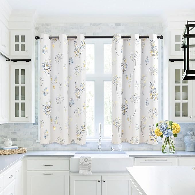 XTMYI Yellow Cafe Kitchen Curtains 45 Inch Length for Window Over Sink,80% Blackout Bright Colorful Floral Spring Decor for Bedroom Bathroom