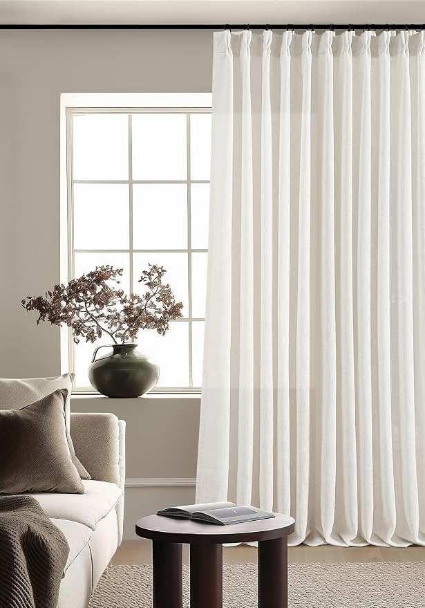 TWODRAPES 102 Inch Long Curtains Extra Wide 70 Inch Width Pinch Pleat Linen Curtains for Living Room Cream Light Filtering Privacy Pleated Hooks Rings Back Tab for Sliding Door 1 Panel