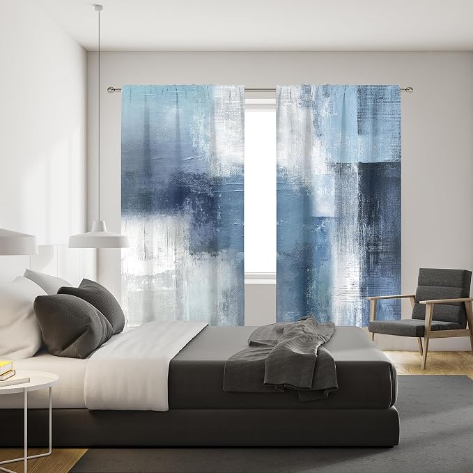 MESHELLY Abstract Navy Blue Curtains 42W x 63H Inch Rod Pocket Grey Art Painting Modern Contemporary Watercolor Cool Oil Print Living Room Bedroom Window Drapes Fabric 2 Panel
