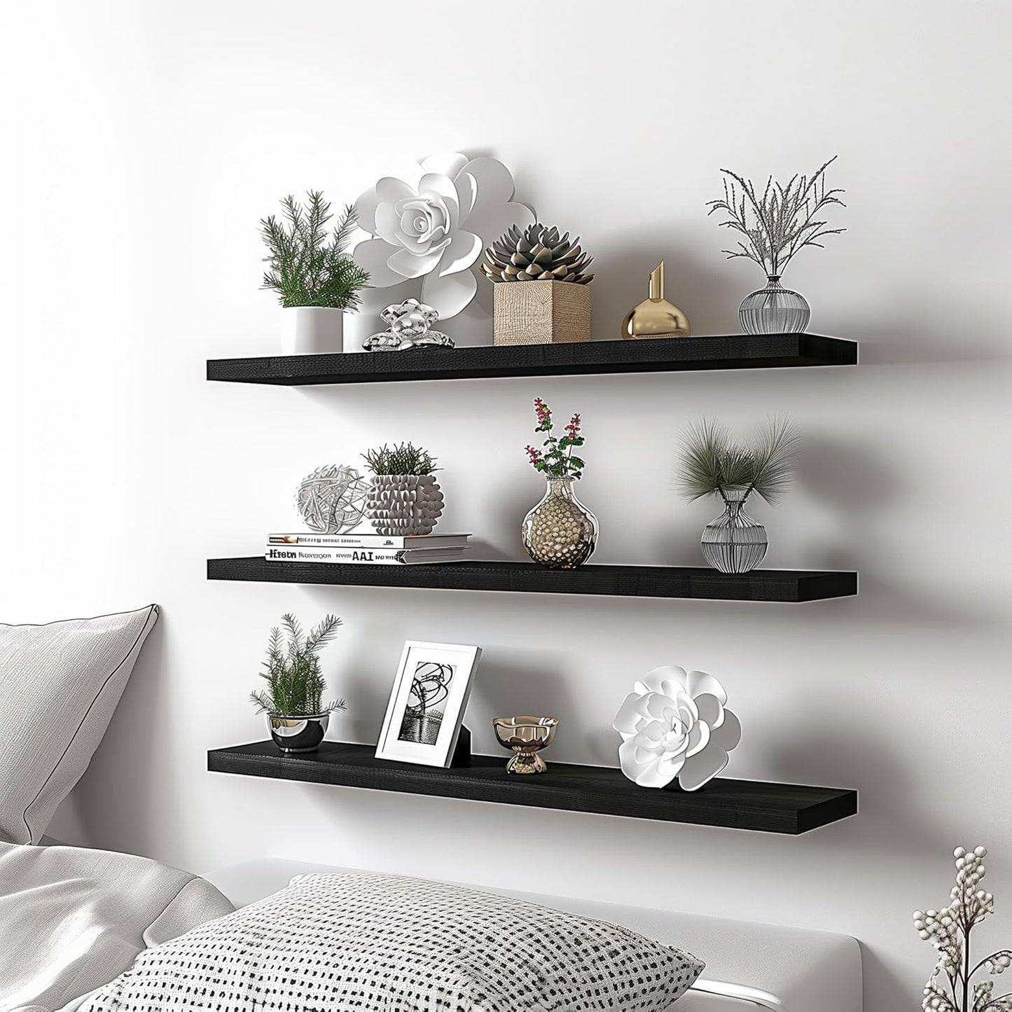 Wood Floating Shelves for Wall Decor, Rustic Wall Shelves for Bedroom Bathroom Kitchen Living Room, Set of 4 Black 36 Inch