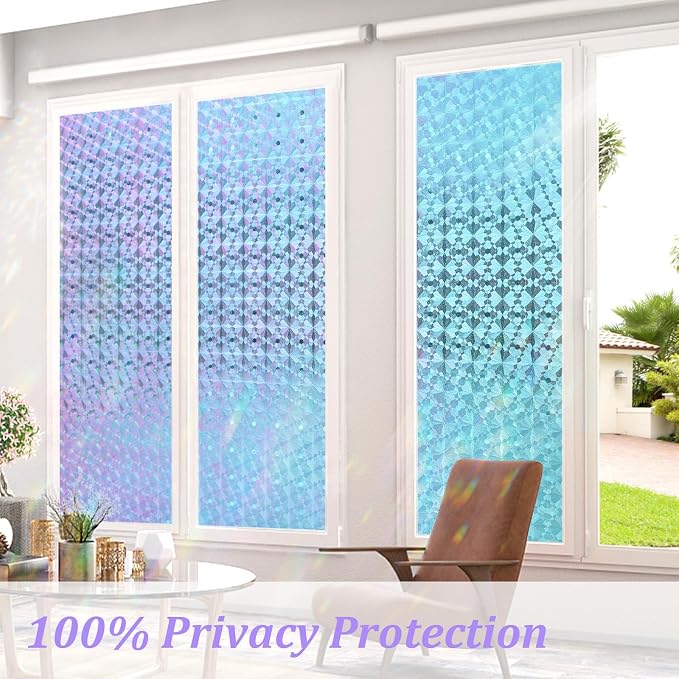 Windimiley Stained Glass Window Privacy Film,Rainbow Clings,23.6" x 78.7" | 3D Diamond Decorative Window Film,Static Cling No Glue Removable, UV Heat Blocking,Renter Friendly for Bathroom Bedroom Door
