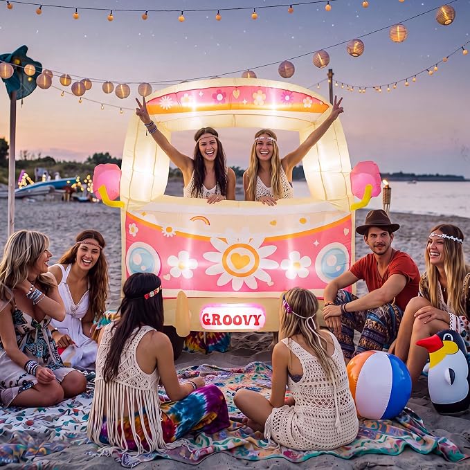 Soulchen 6ft Inflatable Hippie Bus with LED Lights and Powerful Blower Retro 60s 70s Boho Groovy Party Decoration Photo Booth Selfie Frame for Birthday Baby Shower Carnival