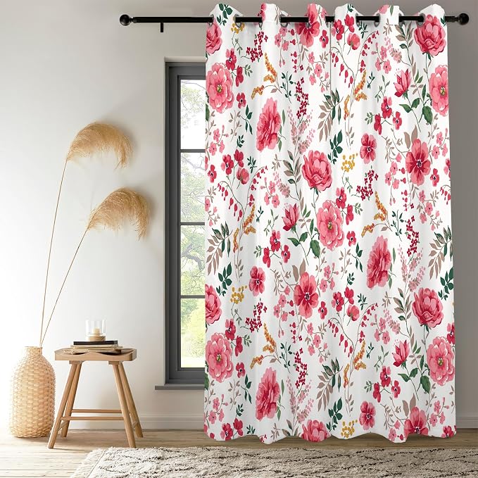 Renaiss Pink Rose Floral Curtains Red Peony Flowers Blackout Window Curtains for Bedroom Thermal Insulated Living Room Window Drapes 42W x 96L Inches 2 Panel Set, Grommet Top
