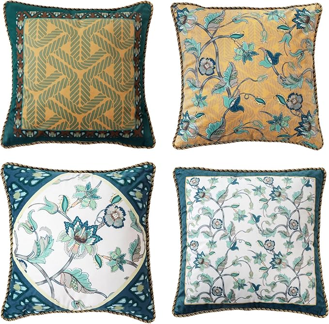 patdrea Designer Throw Pillow Covers 18x18 Inch,Green Classy Velvet Faux Embroidery Vine Floral Collection Pattern,Decorative Square Pillowcases Cushion for Bed Living Room Outdoor Car,Pack of 4
