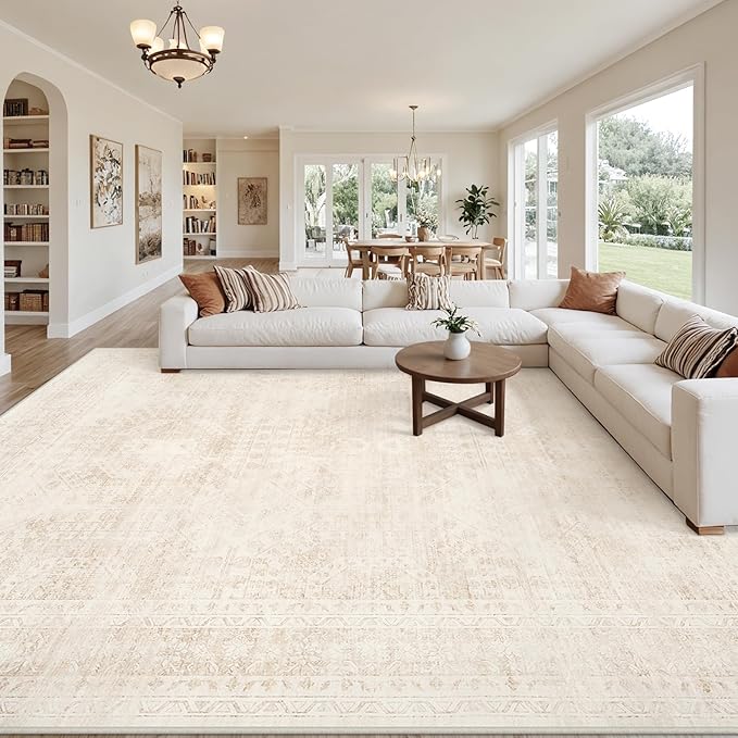 10x12 Area Rugs for Living Room: Vintage Boho Neutral Washable Rug Indoor Soft Large Area Rug Carpet for Bedroom Nursery Farmhouse Dining Room Office Floor Non-Slip Low Pile Under Table Rug Beige