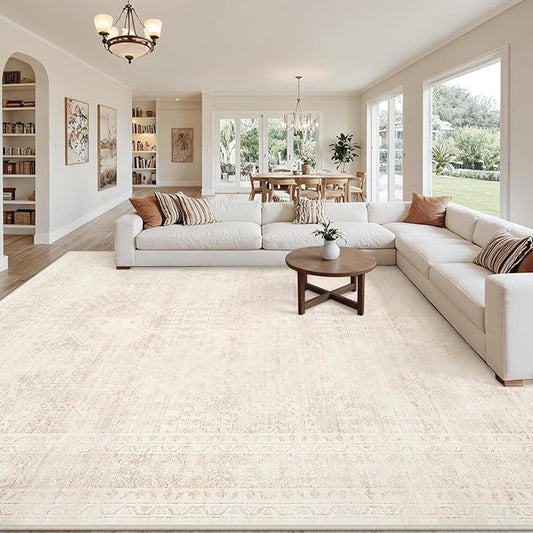 10x12 Area Rugs for Living Room: Vintage Boho Neutral Washable Rug Indoor Soft Large Area Rug Carpet for Bedroom Nursery Farmhouse Dining Room Office Floor Non-Slip Low Pile Under Table Rug Beige