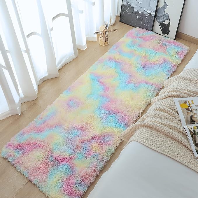 AROGAN Soft Rainbow Area Rugs for Girls Room 2x6 Feet, Fluffy Girls Bedroom Rugs, Princess Rug, Cute Colorful Carpet for Kids Teens Nursery Toddler, Pink
