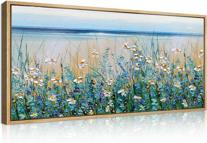 Large Blue Seaside Cyan Floral Wall Paintings Wildflowers Blossom Art Prints Framed Blue Flowers Artwork Floral Wall Art Wildflower Wall Pictures for Living Room Bedroom 20x40 Inch