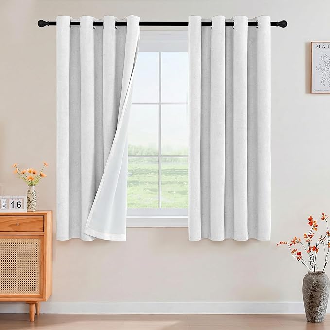 PrinceDeco Nature Linen Blackout Curtains 54 Inch Long Thermal Insulated Draperies Sun Block & Room Darkening Curtains for Bedroom Windows with Nickel Grommet(2 Panels Set,Heathered White)