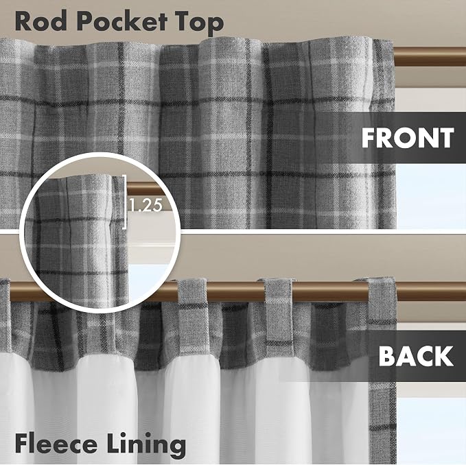 Madison Park Anaheim Cabin Plaid Curtain Window, Thermal Insulated Fleece Lining, Living Room Decor Room Darkening Drape for Bedroom, 1-Single Panel Pack, 50x95, Rod Pocket & Back Tab, Grey