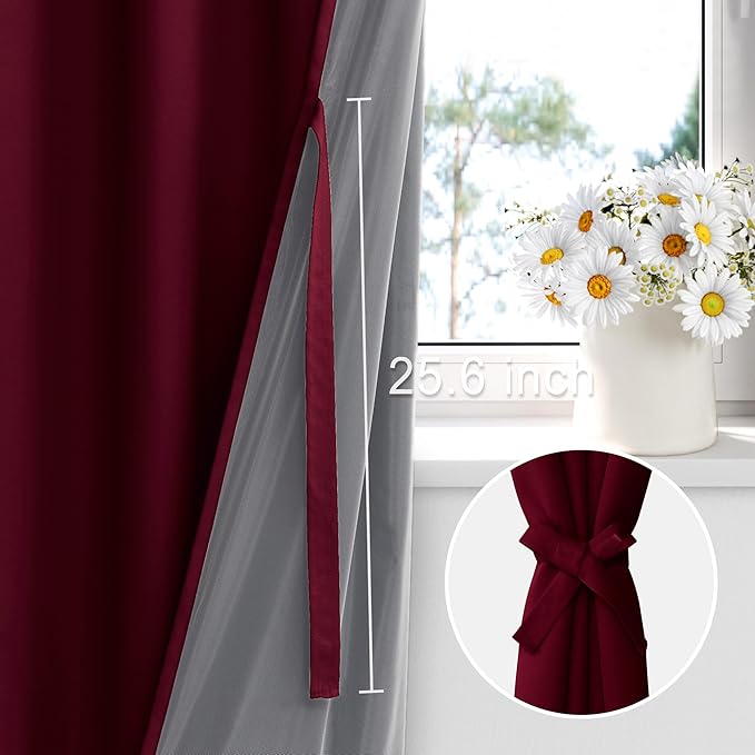 XWZO 100% Blackout Curtains with Tiebacks- Heat and Full Light Blocking Window Drapes for Home Theater, 95 Inches Long Thermal Insulated Draperies, Rod Pocket & Back Tab, Burgundy, W52 x L95, 2 Panels