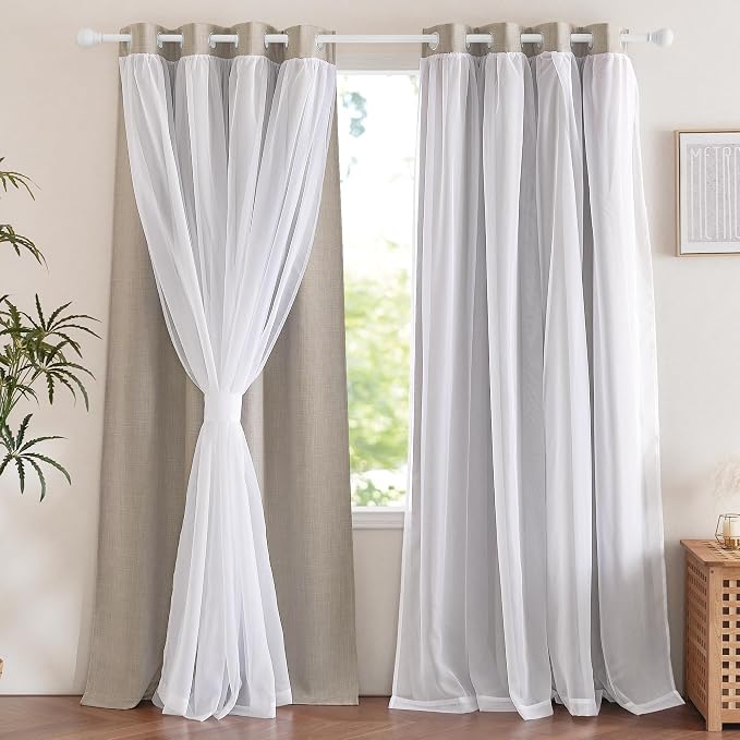 NICETOWN Dual Layers Grommet Top Mix and Match Faux Linen Curtains with White Sheer Voile for Living Room Bedroom, Kids Curtains for Nursery, 52x84 Inch Long, Set of 2 Panels, Angora