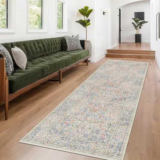 Hazo Haus Floral 3x8 Wide Hallway Runner - Beige Blue with Lilic Accent, Boho Forest Decor, Washable Low Pile Non Slip Stain Resistant Rug for Long Kitchen, Large Bathroom, Hall Way
