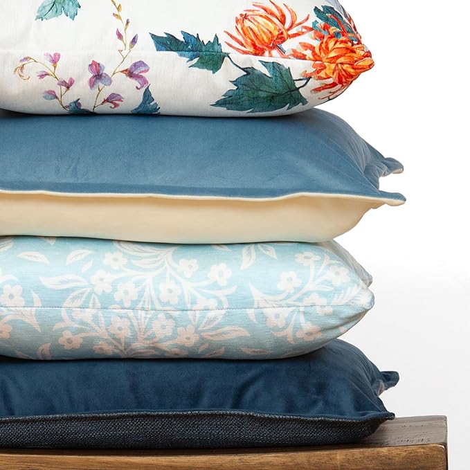 Decorative Throw Pillow Set of 4, 18" x 18" Colorful Blue Floral Accent Pillow Covers, Velvet Crane