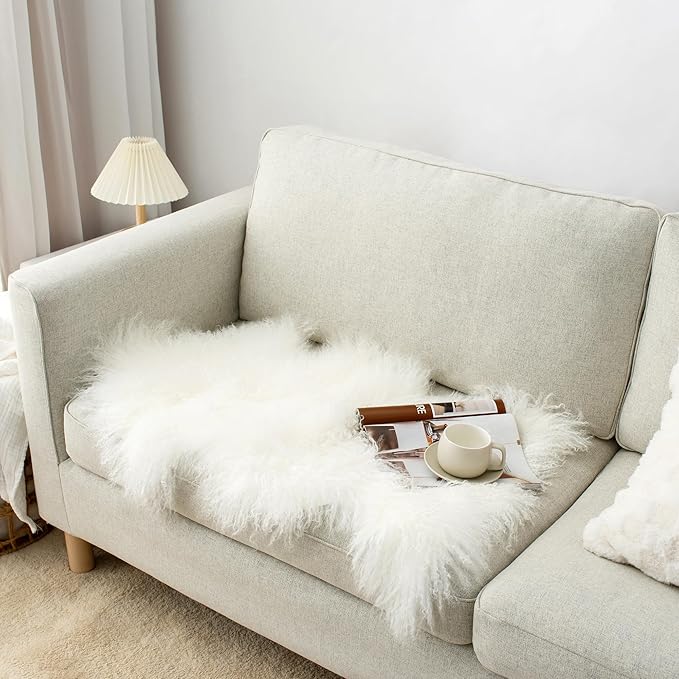 100% Genuine Sheepskin Area Rug Real Lightweight Fluffy Soft Mongolian Long Wool Fur Carpet for Couch Bed Sofa Bedroom Living Room White 2x3ft