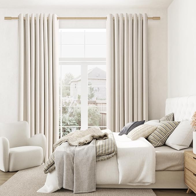 Jowels Cream Linen Blackout Curtains 112 Length 2 Panels Set for Living Room Bedroom, 100% Black Out Thermal Insulated Linen Drapes, Room Darkening Grommet Curtains 112 Inches Long Natural Beige