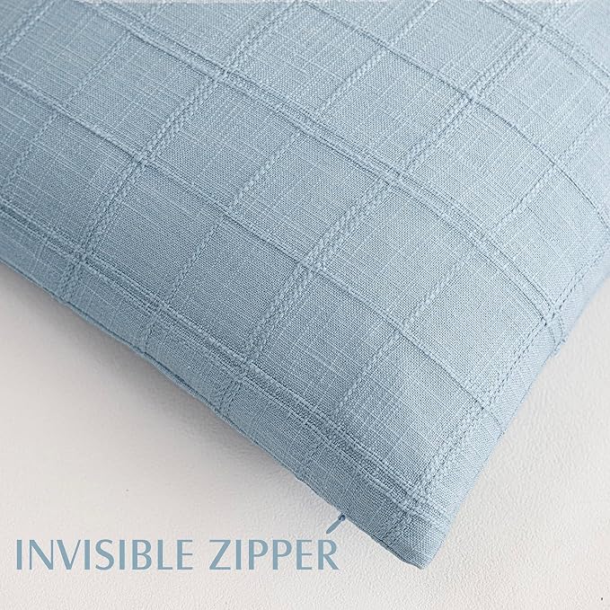 Foindtower Set of 2 Decorative Linen Check Throw Pillow Covers Neutral Farmhouse Vintage Cushion Covers Modern Boho Accent Home Decor for Sofa Chair Couch Bedroom Living Room,26×26 Inch,Sky Blue