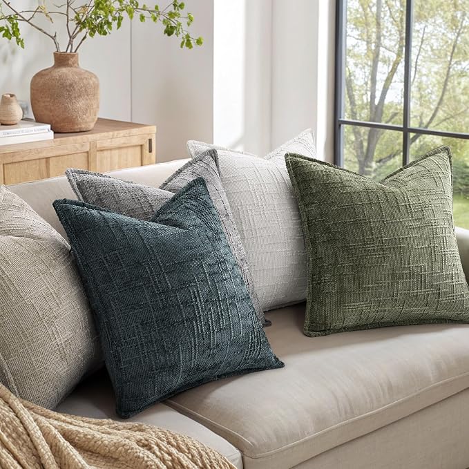 decorUhome Chenille Throw Pillow Covers 26x26 Set of 2, Thick Textured Slubby Neutral Decorative Pillow Covers with Elegant Design for Couch, Sofa, Living Room, Dark Teal