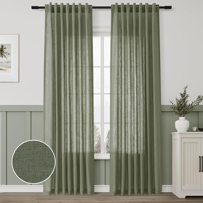 Linen Blend Green Curtains 84 Inches Long 2 Panels for Living Room Back Tab Pocket Light Filtering Sheer Privacy Olive Green Window Curtain Aesthetic Neutral Decor Muted Earthy Tone Drapery Bedroom