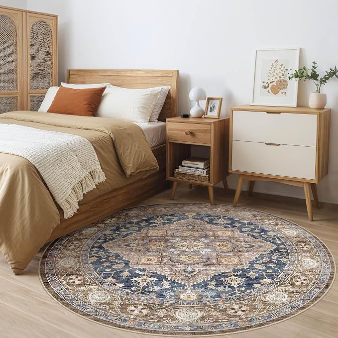 Round Rug Living Room Rugs: 10x10 Washable Boho Neutral Large Circle Soft Indoor Floral Stain Resistant Floor Farmhouse Carpet for Bedroom Nursery Kids Playroom Office Dining Room Dorm- Yellow Blue