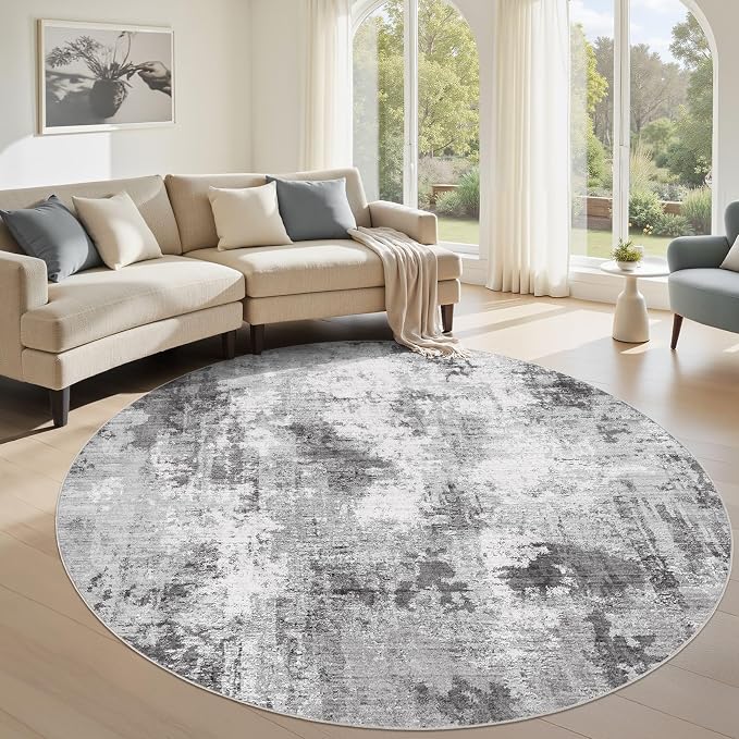 Abstract 6FT Round Rug: Machine Washable Non Slip Ultra Thin Low-Pile Carpet, Soft Stain Resistant for Living Room Bedroom Nursery, Kid Pet Friendly, Robot Vacuum Compatible - Grey