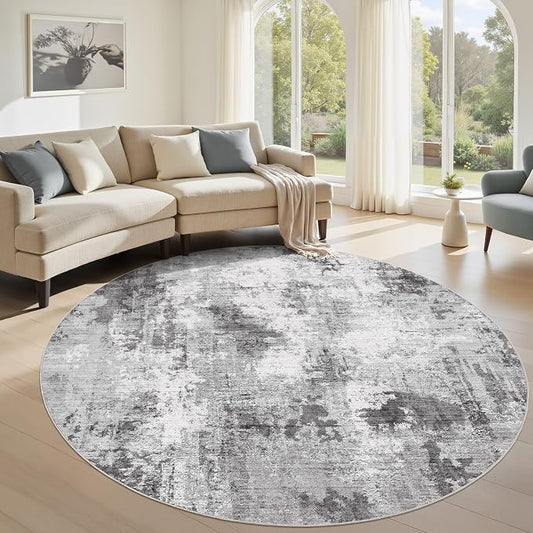 Abstract 6FT Round Rug: Machine Washable Non Slip Ultra Thin Low-Pile Carpet, Soft Stain Resistant for Living Room Bedroom Nursery, Kid Pet Friendly, Robot Vacuum Compatible - Grey