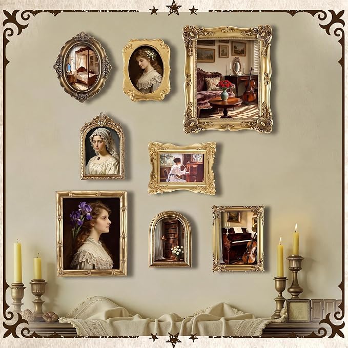 8 Pcs Vintage Picture Frames Set for Gallery Wall, Antique Gold Resin Photo Frames Collage Assorted Sizes 8x10, 5x7 & 4x6, Ornate Victorian French Country Decor for Wall Mount & Tabletop Display