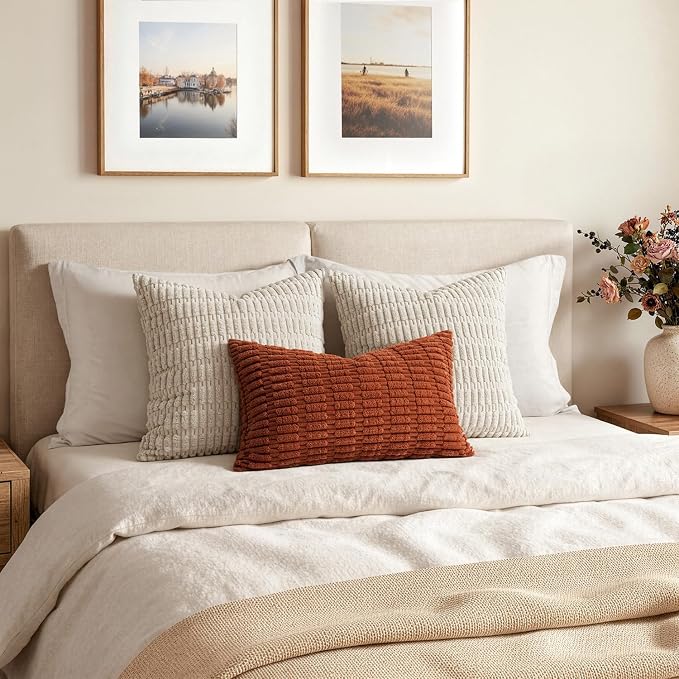 MIULEE Fall Pack of 2 Rust Corduroy Decorative Lumbar Pillow Covers 20x12 Inch Soft Boho Striped Throw Pillow Covers Modern Farmhouse Home Decor for Sofa Living Room Couch Bed