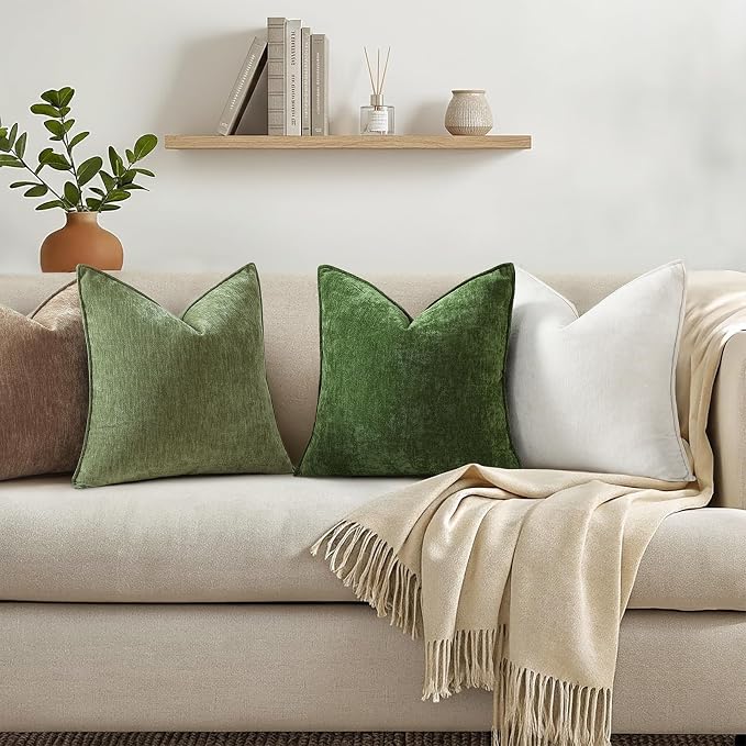 decorUhome Fall Couch Euro Sham Throw Pillow Covers 24x24 Set of 2, Decorative Soft Velvet Modern Cozy Chenille Pillow Cases with Elegant Design for Sofa Bed Living Room Home Decor, Olive Green