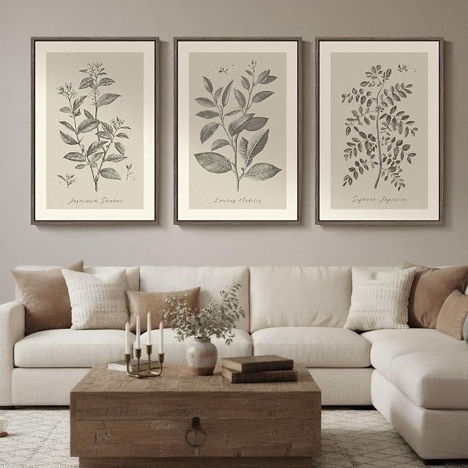 Large Framed Vintage Botanical Wall Art for Living Room, 3 Piece Rustic Farmhouse Plant Canvas Painting Prints Artwork, Neutral Natural Floral Pictures for Bedroom Kitchen Hallway Wall Decor, 24x36 In