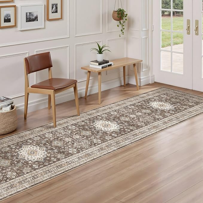 Vintage Hallway Runner Rug 2x10: Large Soft Washable Entryway for Kitchen Laundry Room Non-Slip Backing Runner for Entrance Living Room Bedroom Bathroom - Dark Brown