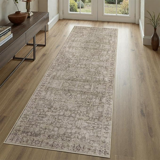 DCX Washable 2x6, Kid & Pet Friendly with Rubber Back Non Slip, Stain Resistant Vintage Runner Rug for Living Room, Bedroom, Home Office, Soft Low Pile Farmhouse Distressed Carpet, Greige