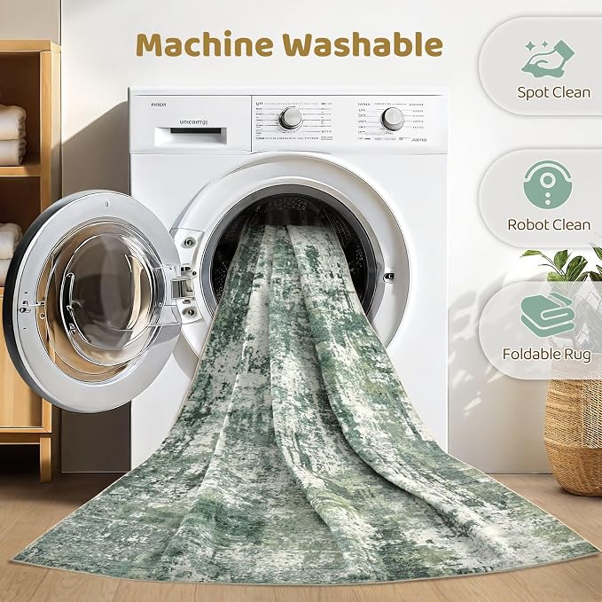 6x8 Area Rug Living Room: Washable Large Abstract Soft Stain Resistant Indoor Floor Rugs Non-Slip Accent Carpet for Bedroom Nursery Playroom Office Dining Room Home House- Dark Green