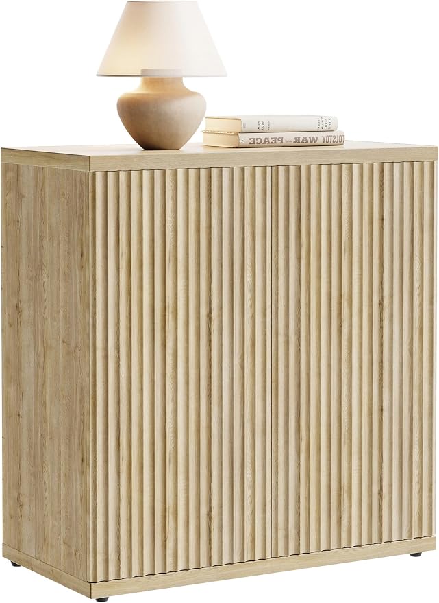 Fluted Buffet Cabinet Sideboard with Storage, Wooden Credenza with 2 Doors & Adjustable Shelf, Modern 15" Deep Accent Cabinet for Living Room, Kitchen Dining Room Entryway,Natural Oak