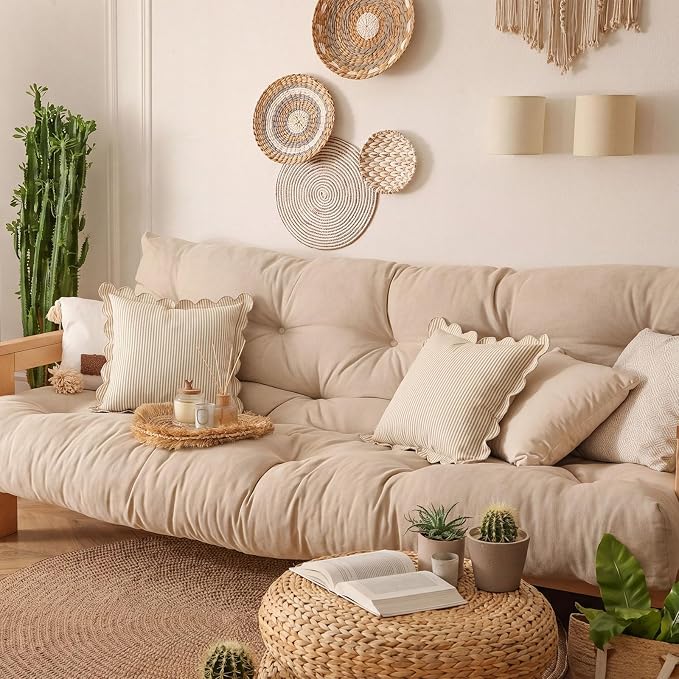 Newwiee 2 Pack Scalloped Pillow Cover 20 x 20 Inch Beige Stripe Throw Pillow Cover Cotton Decorative Pillowcase for Women Men Couch Living Room Cushion Indoor Outdoor Decoration