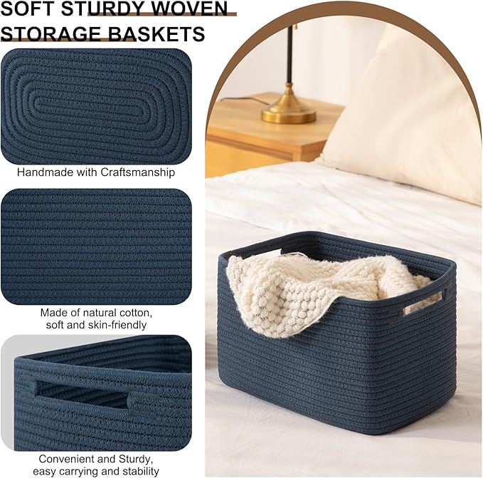 OIASKET Storage Baskets for Organizing, Woven Decorative Baskets for Shelves - Books, Towels, and Clothes, Cotton Rope Toy Storage Bins, 12.7''Lx9''Wx7.8''H, Pack of 4, Blue