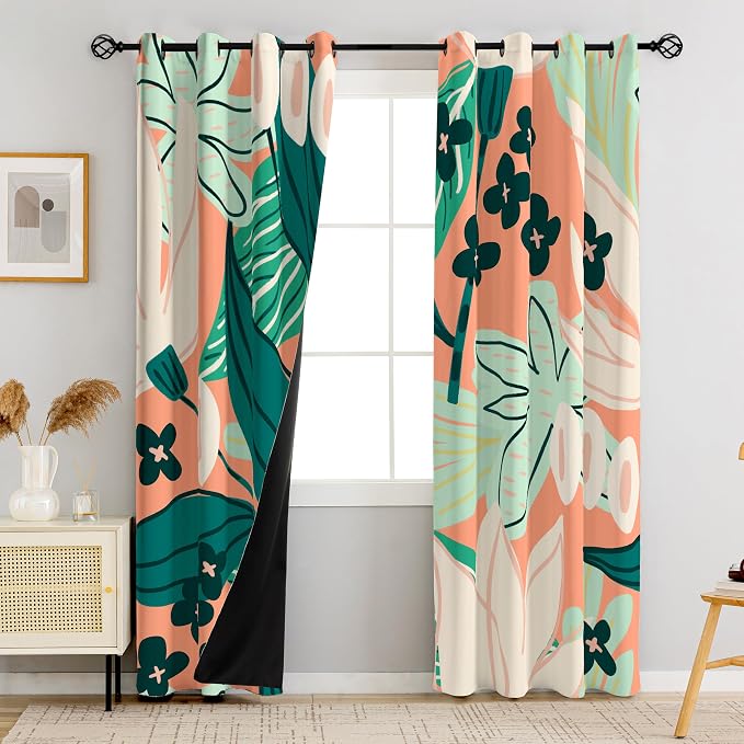 Tyrot 100% Blackout Boho Floral Curtains fo Bedroom 63 inch Long 2 Panels Mid Century Botanical Black Out Curtains for Living Room Grommet Thermal Insulated Room Darkening Window Drapes