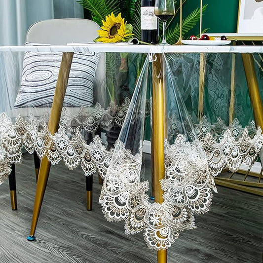 Jeloris Plastic Clear Rectangle Tablecloth Vinyl PVC Waterproof Tablecloth Embroidered Lace Edge Transparent Table Cover for Kitchen Dining Coffee Table (60x94 inch, Khaki Fan)
