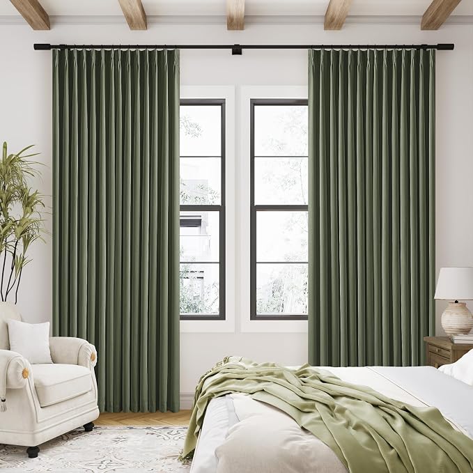 Olive Green Pleated Linen Blackout Curtains 90 Inches Long for Bedroom Living Room Pinch Pleat Black Out Thermal Insulated Ring Hooks Back Tab Room Darkening Drapes Dark Green Curtains with Liner