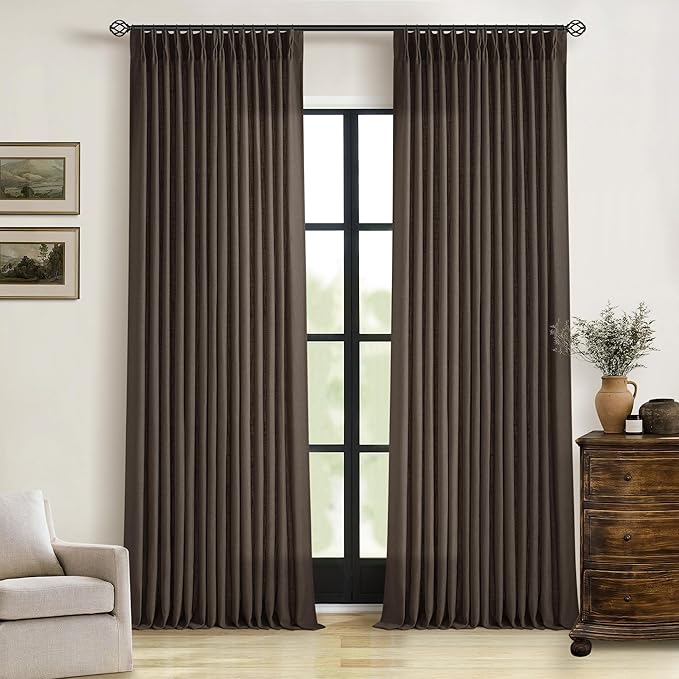 TWODRAPES Dark Chocolate Pinch Pleated Linen Curtains 2 Panels for Living Room Bedroom Memory Training Shaped Semi Sheer Pleat Drapes with Hooks Rings Light Filtering Window Curtain 40x108