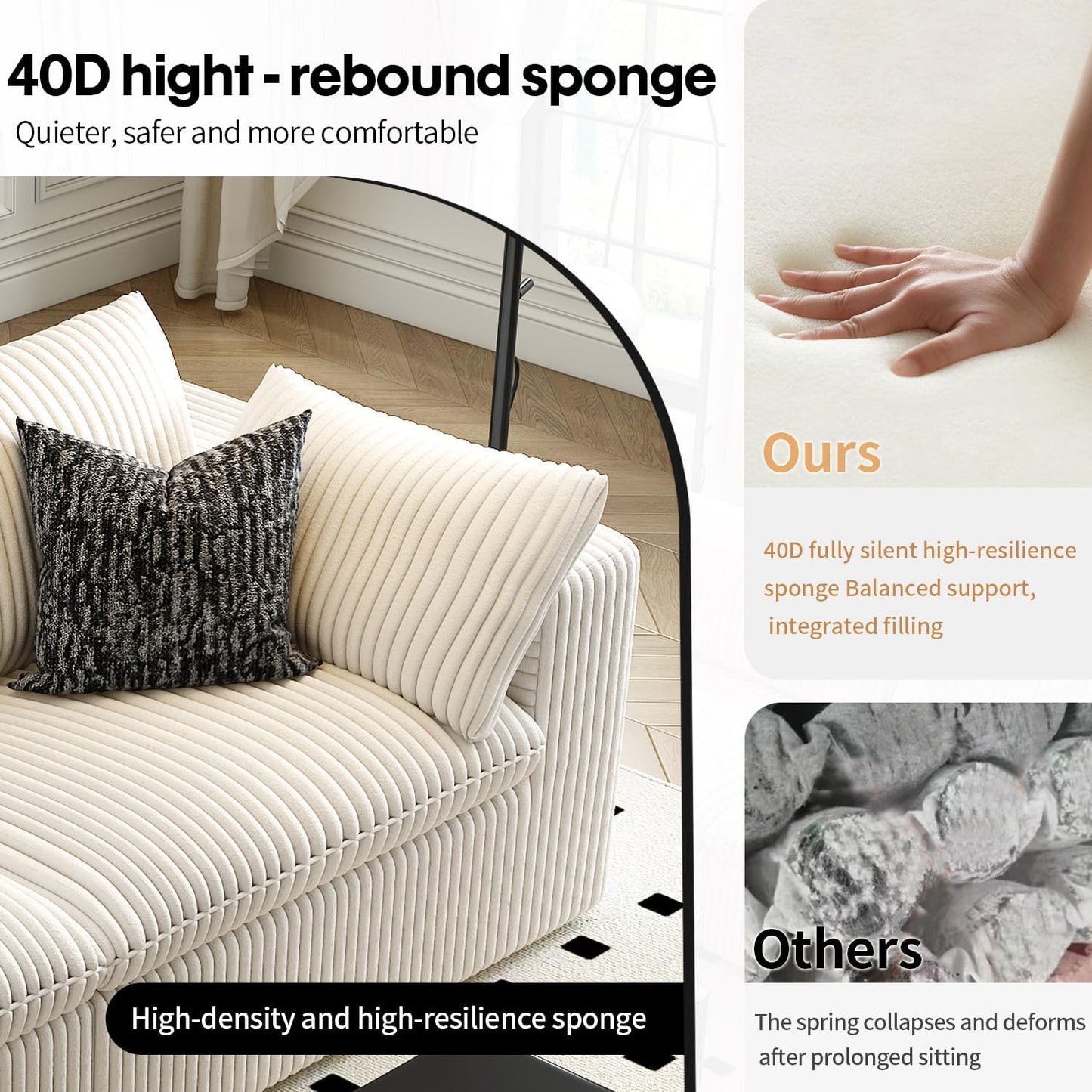 118" Cloud Couch Oversized Modular Sectional Sofa for Living Room,Modern Sofa with Deep Seat，6 Seater Boneless Couch,Comfy Upholstered Corduroy Couches for Apartment, Studio, Office,Bedroom，White